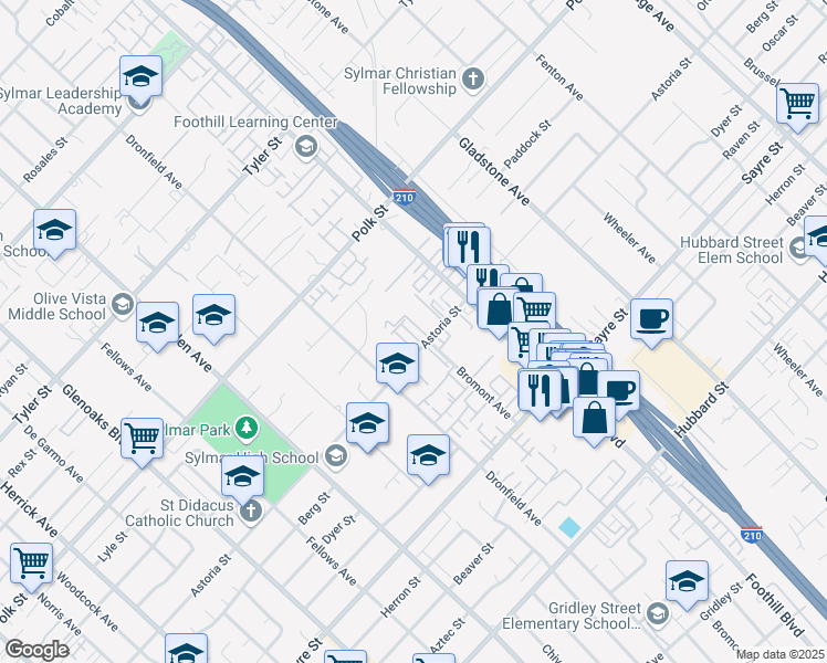 map of restaurants, bars, coffee shops, grocery stores, and more near 14031 Astoria Street in Los Angeles