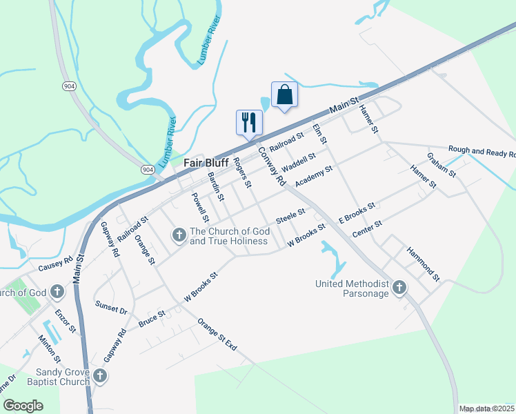 map of restaurants, bars, coffee shops, grocery stores, and more near 1057 Academy Street in Fair Bluff