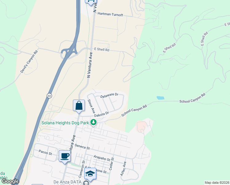 map of restaurants, bars, coffee shops, grocery stores, and more near 343 Delaware Drive in Ventura