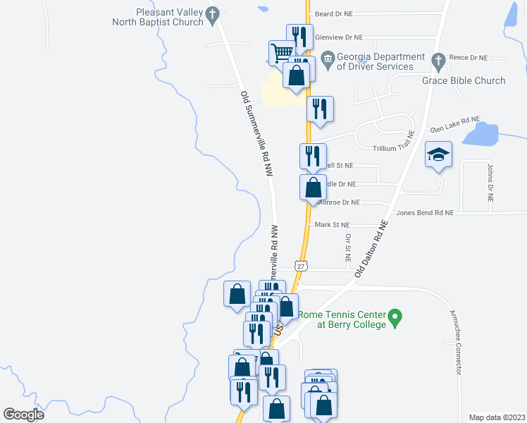 map of restaurants, bars, coffee shops, grocery stores, and more near 341 Old Summerville Road Northwest in Rome