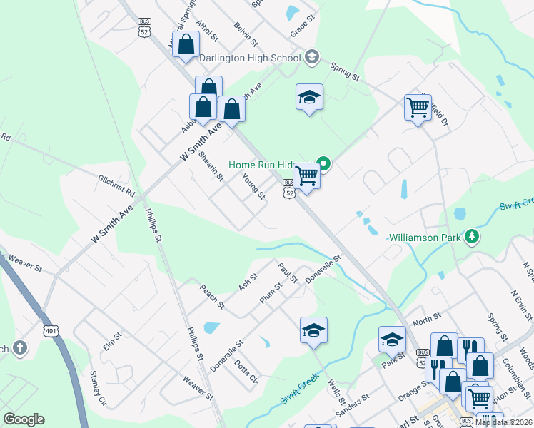 map of restaurants, bars, coffee shops, grocery stores, and more near 504 Young Street in Darlington