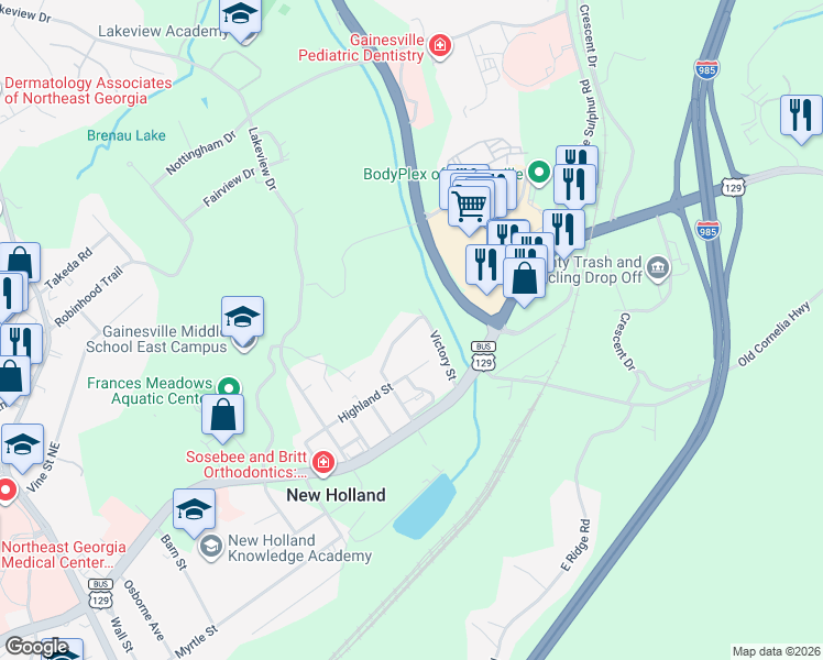 map of restaurants, bars, coffee shops, grocery stores, and more near 38 Spring Street in Gainesville