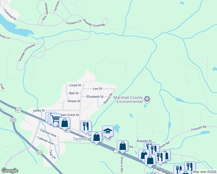 map of restaurants, bars, coffee shops, grocery stores, and more near 5014 Lee Street in Guntersville