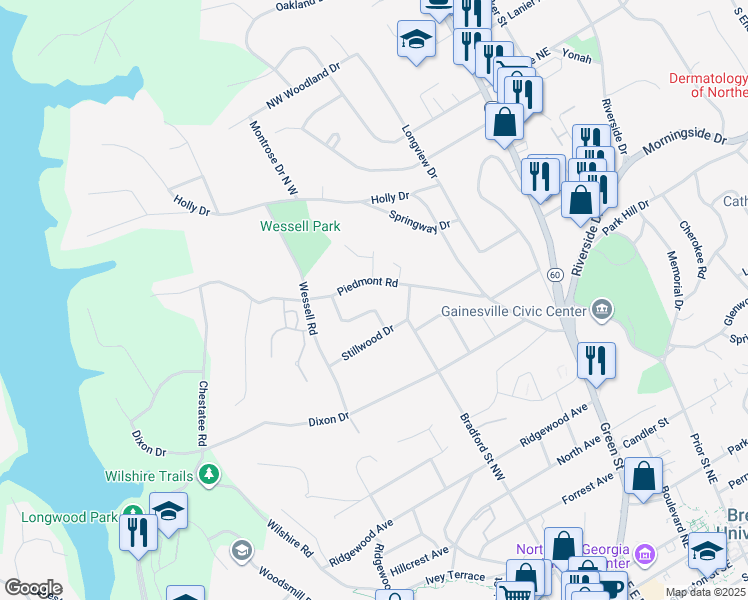 map of restaurants, bars, coffee shops, grocery stores, and more near 1012 Tanglewood Drive in Gainesville