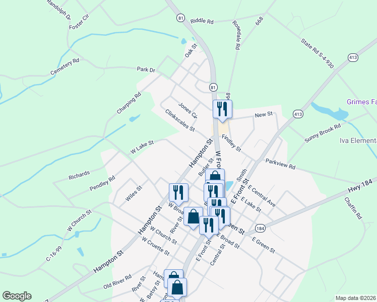 map of restaurants, bars, coffee shops, grocery stores, and more near 209 Central Street in Iva