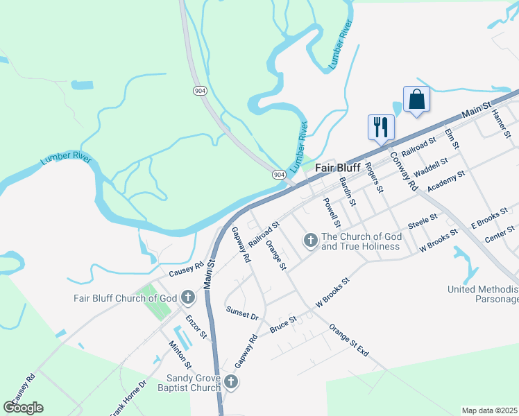 map of restaurants, bars, coffee shops, grocery stores, and more near 1377 Main Street in Fair Bluff