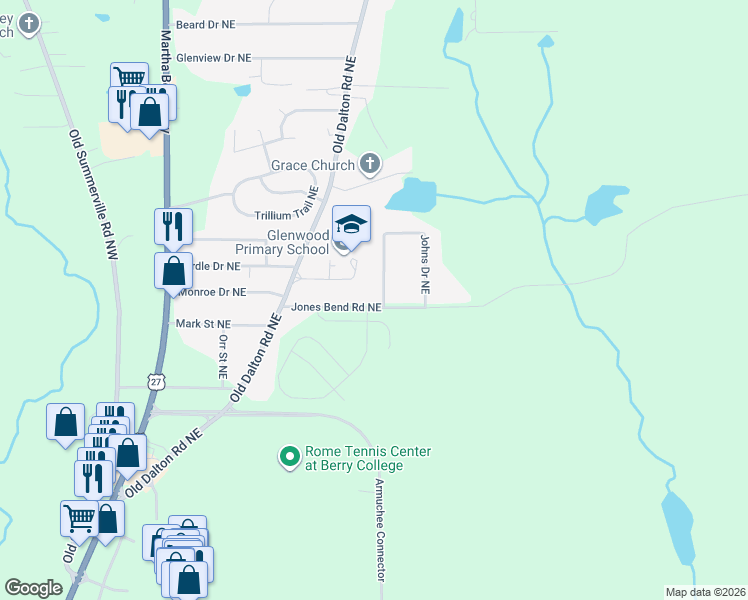 map of restaurants, bars, coffee shops, grocery stores, and more near 117 Jones Bend Road Northeast in Rome