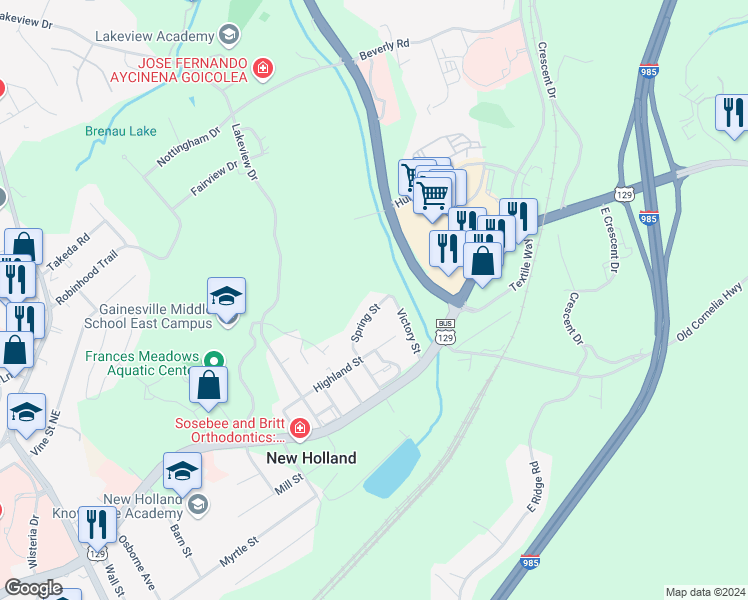map of restaurants, bars, coffee shops, grocery stores, and more near 38 Spring Street in Gainesville