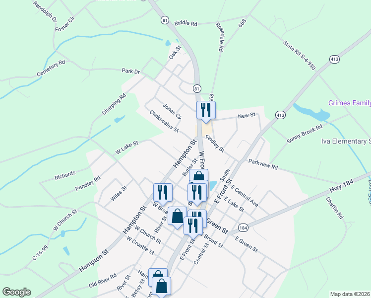 map of restaurants, bars, coffee shops, grocery stores, and more near 209 Central Street in Iva