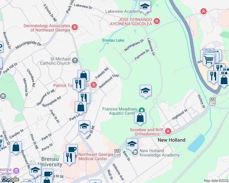 map of restaurants, bars, coffee shops, grocery stores, and more near 1488 Vine Street Northeast in Gainesville