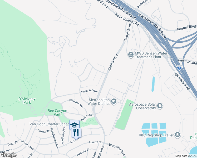 map of restaurants, bars, coffee shops, grocery stores, and more near 13341 Mission Tierra Way in Los Angeles