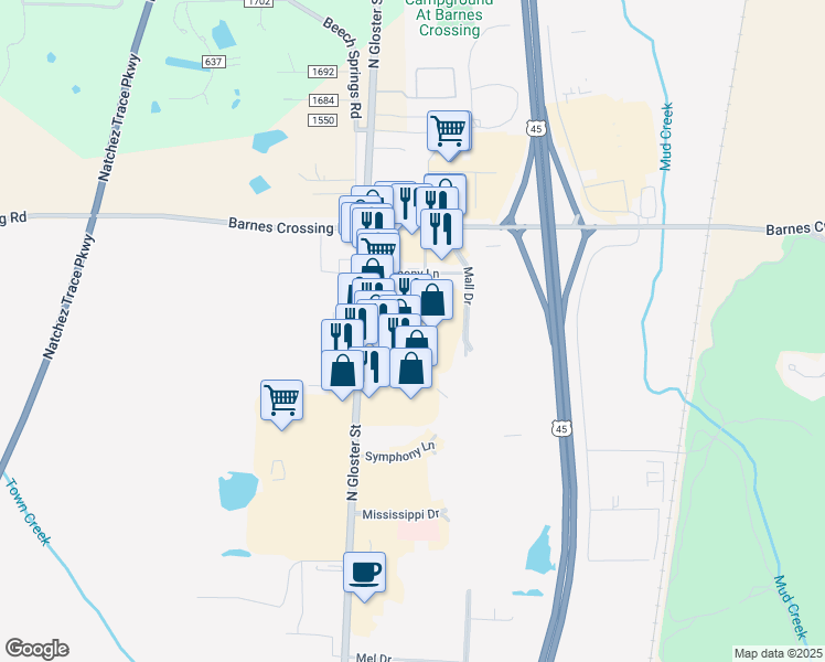 map of restaurants, bars, coffee shops, grocery stores, and more near 3982 North Gloster Street in Tupelo