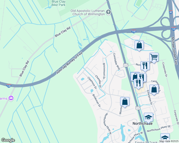 map of restaurants, bars, coffee shops, grocery stores, and more near 4008 Chandler Drive in Wilmington