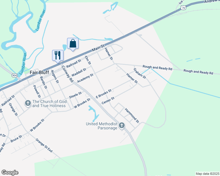 map of restaurants, bars, coffee shops, grocery stores, and more near 157 East Goodman Street in Fair Bluff