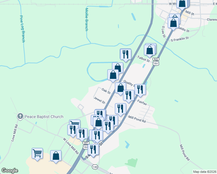 map of restaurants, bars, coffee shops, grocery stores, and more near 1301-1399 Sunnyside Street in Whiteville