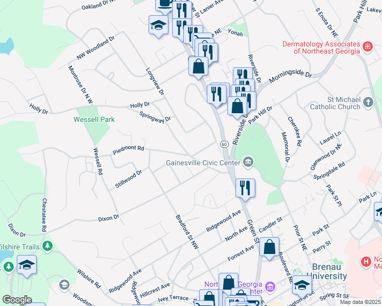 map of restaurants, bars, coffee shops, grocery stores, and more near 200 Piedmont Avenue in Gainesville