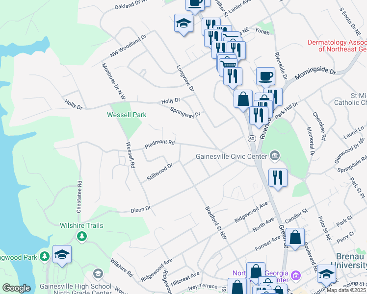 map of restaurants, bars, coffee shops, grocery stores, and more near 391 Piedmont Road in Gainesville