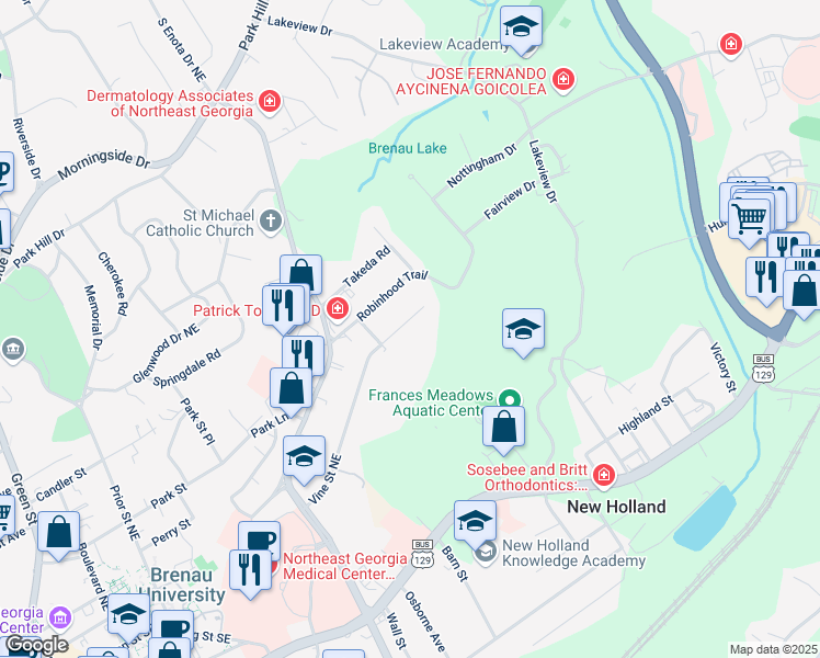 map of restaurants, bars, coffee shops, grocery stores, and more near 1488 Vine Street Northeast in Gainesville