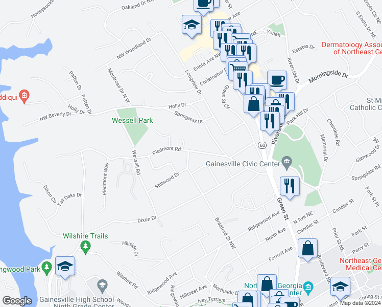 map of restaurants, bars, coffee shops, grocery stores, and more near 391 Piedmont Road in Gainesville