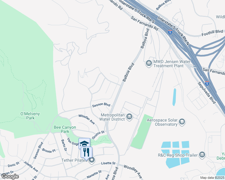 map of restaurants, bars, coffee shops, grocery stores, and more near 13347 Mission Tierra Way in Los Angeles
