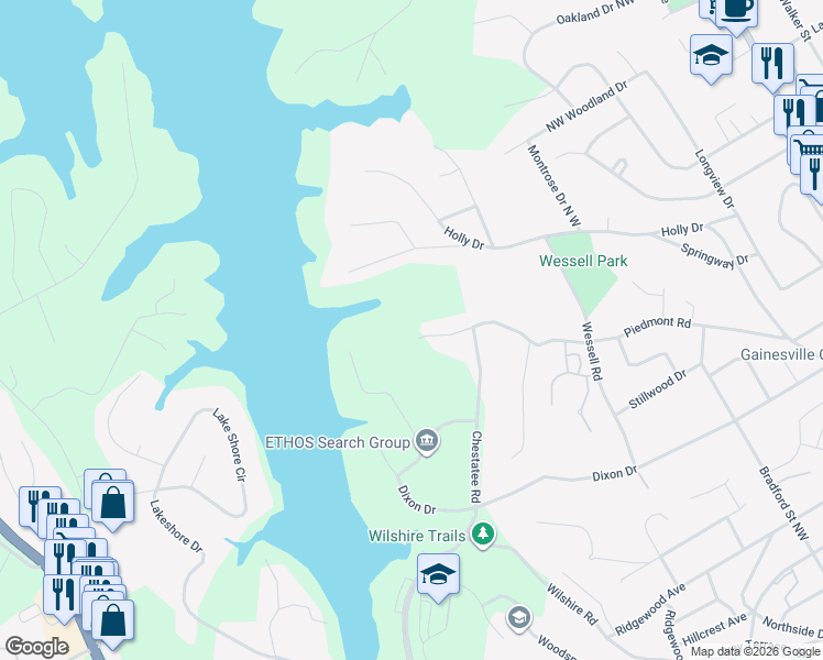 map of restaurants, bars, coffee shops, grocery stores, and more near 850 Piedmont Road North West in Gainesville