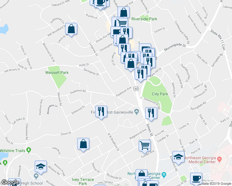 map of restaurants, bars, coffee shops, grocery stores, and more near 200 Piedmont Avenue in Gainesville