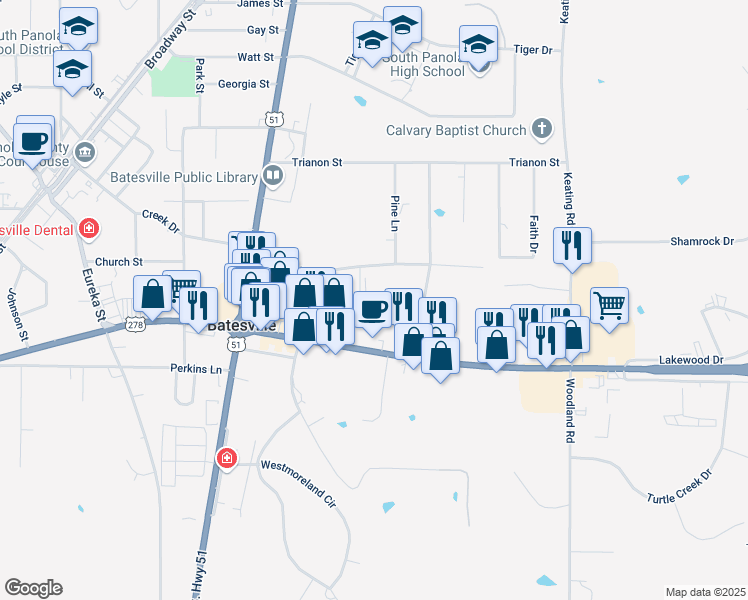 map of restaurants, bars, coffee shops, grocery stores, and more near 203 Moore Drive in Batesville