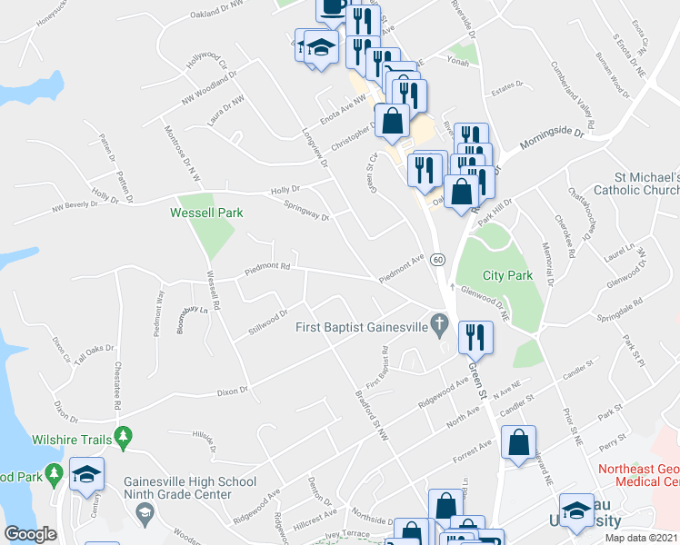 map of restaurants, bars, coffee shops, grocery stores, and more near 348 Piedmont Road in Gainesville