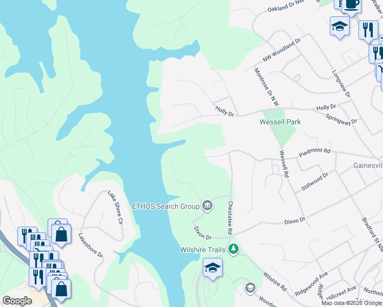 map of restaurants, bars, coffee shops, grocery stores, and more near 850 Piedmont Road North West in Gainesville
