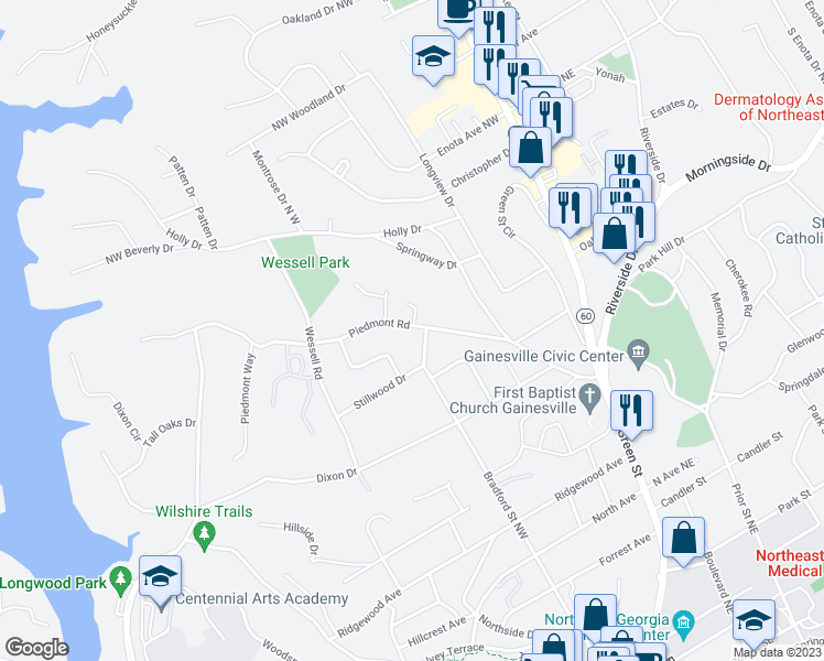 map of restaurants, bars, coffee shops, grocery stores, and more near 421 Piedmont Road in Gainesville