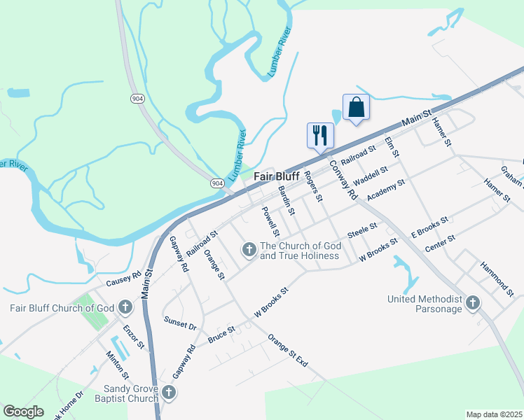 map of restaurants, bars, coffee shops, grocery stores, and more near 16 Powell Street in Fair Bluff