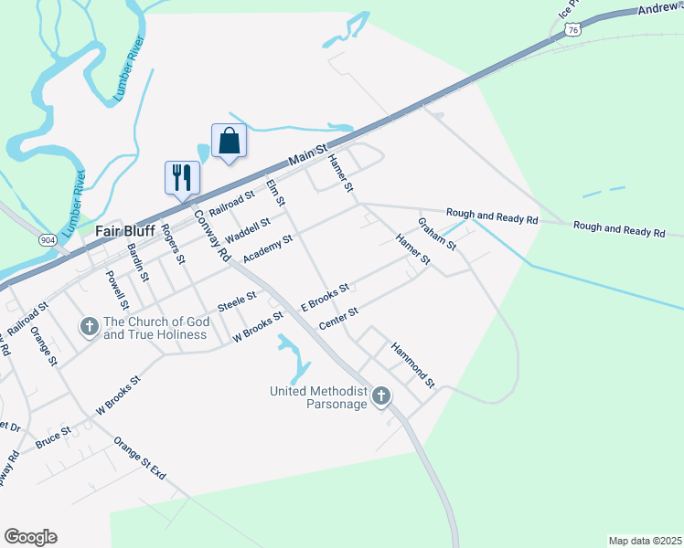 map of restaurants, bars, coffee shops, grocery stores, and more near 157 East Goodman Street in Fair Bluff