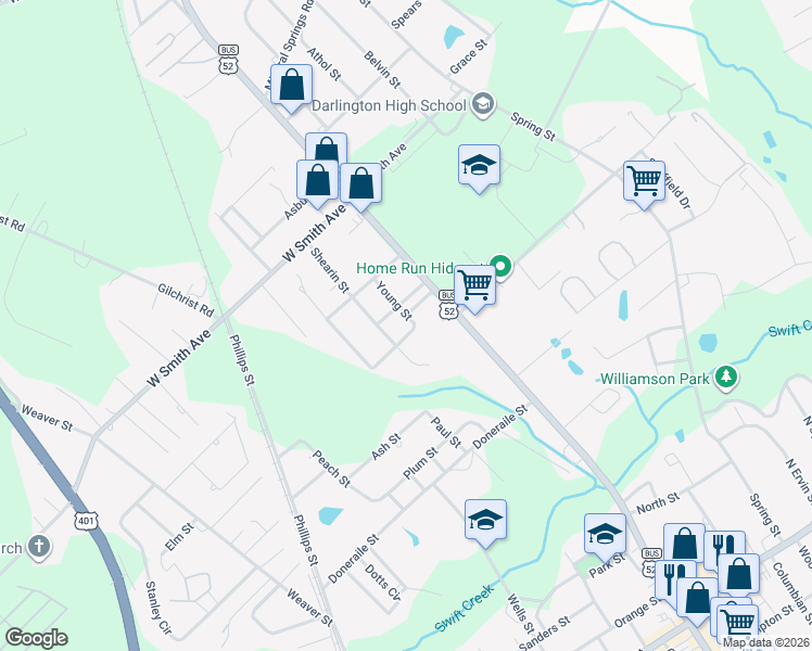 map of restaurants, bars, coffee shops, grocery stores, and more near 504 Young Street in Darlington