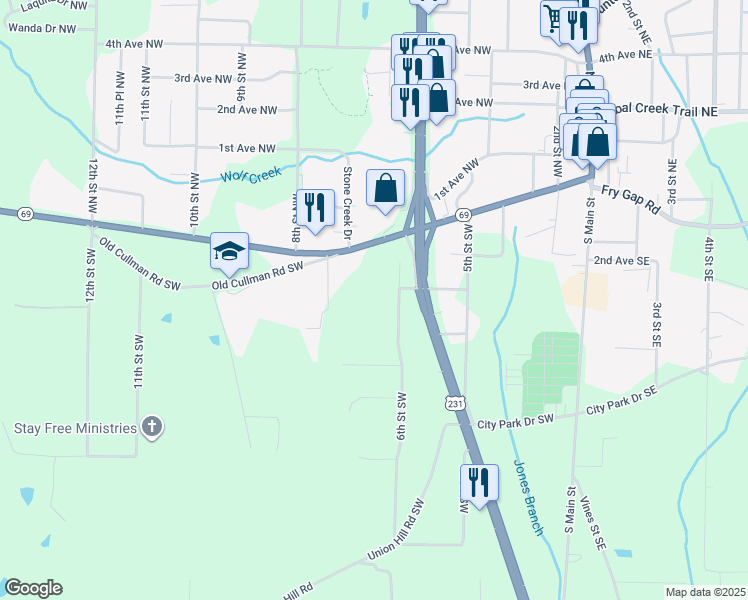 map of restaurants, bars, coffee shops, grocery stores, and more near 318 6th Street Southwest in Arab