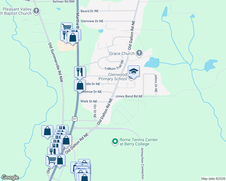 map of restaurants, bars, coffee shops, grocery stores, and more near 27 Monroe Drive Northeast in Rome