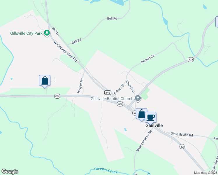 map of restaurants, bars, coffee shops, grocery stores, and more near 264 School Street in Gillsville