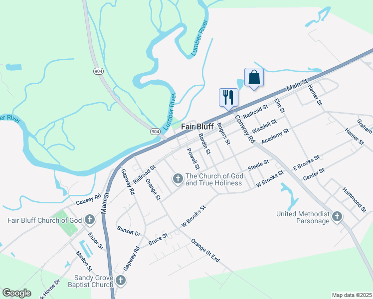 map of restaurants, bars, coffee shops, grocery stores, and more near 16 Powell Street in Fair Bluff