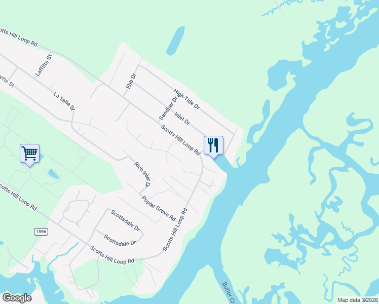 map of restaurants, bars, coffee shops, grocery stores, and more near 2645 Scotts Hill Loop Road in Wilmington