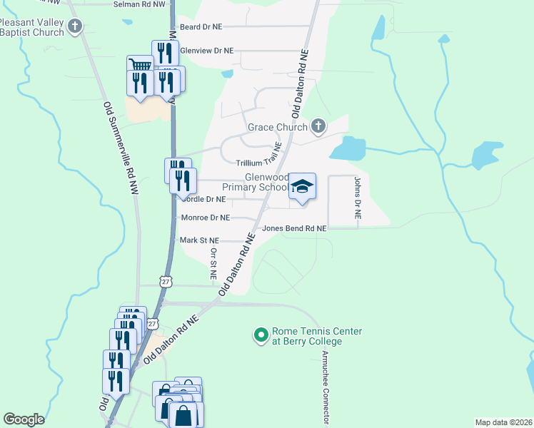 map of restaurants, bars, coffee shops, grocery stores, and more near 27 Monroe Drive Northeast in Rome