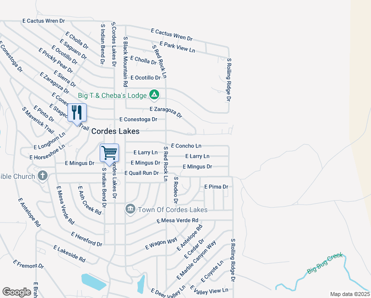 map of restaurants, bars, coffee shops, grocery stores, and more near 20823 East Concho Lane in Mayer