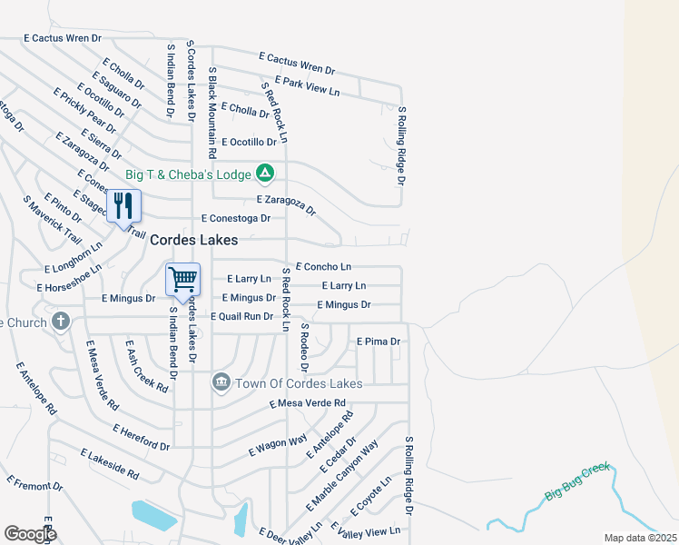 map of restaurants, bars, coffee shops, grocery stores, and more near 20823 E Concho Ln in Mayer