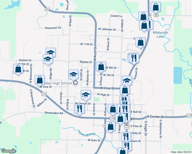 map of restaurants, bars, coffee shops, grocery stores, and more near 309 West 7th Street in Sheridan