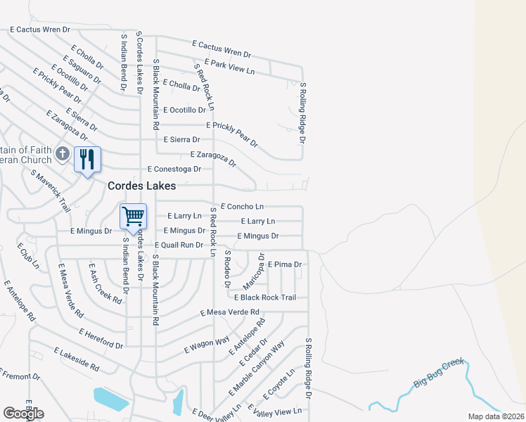 map of restaurants, bars, coffee shops, grocery stores, and more near 20823 East Concho Lane in Mayer