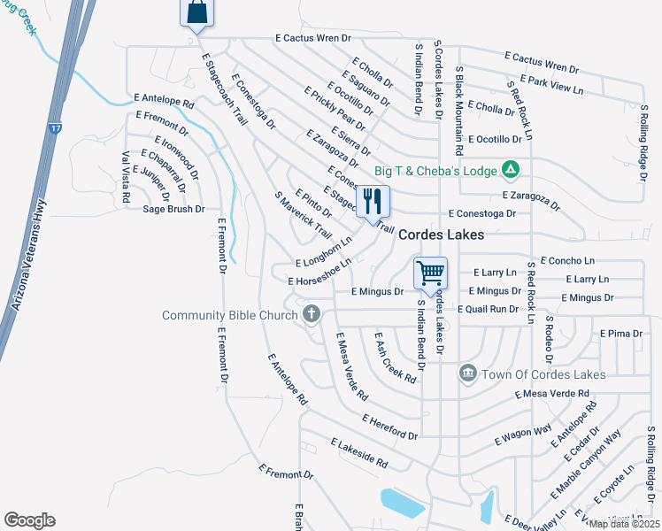 map of restaurants, bars, coffee shops, grocery stores, and more near 20064 East Horseshoe Lane in Mayer
