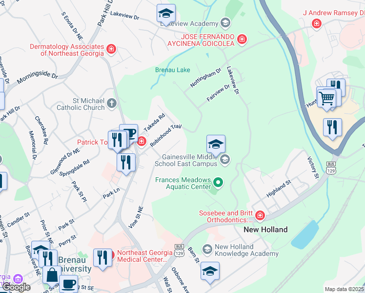 map of restaurants, bars, coffee shops, grocery stores, and more near 1506 Vine Street Northeast in Gainesville