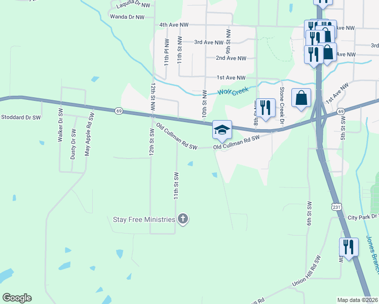 map of restaurants, bars, coffee shops, grocery stores, and more near 1037 Old Cullman Road Southwest in Arab