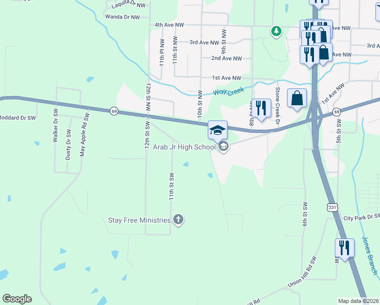 map of restaurants, bars, coffee shops, grocery stores, and more near 1025 Old Cullman Road Southwest in Arab