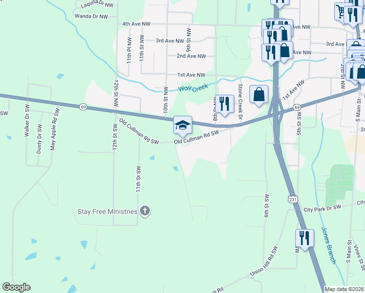map of restaurants, bars, coffee shops, grocery stores, and more near 911 Old Cullman Road Southwest in Arab