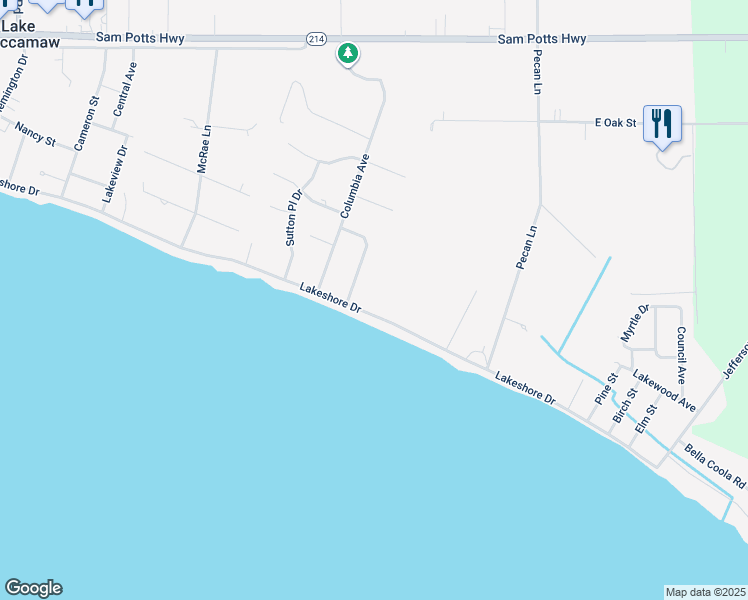 map of restaurants, bars, coffee shops, grocery stores, and more near 1108 Lakeshore Drive in Lake Waccamaw
