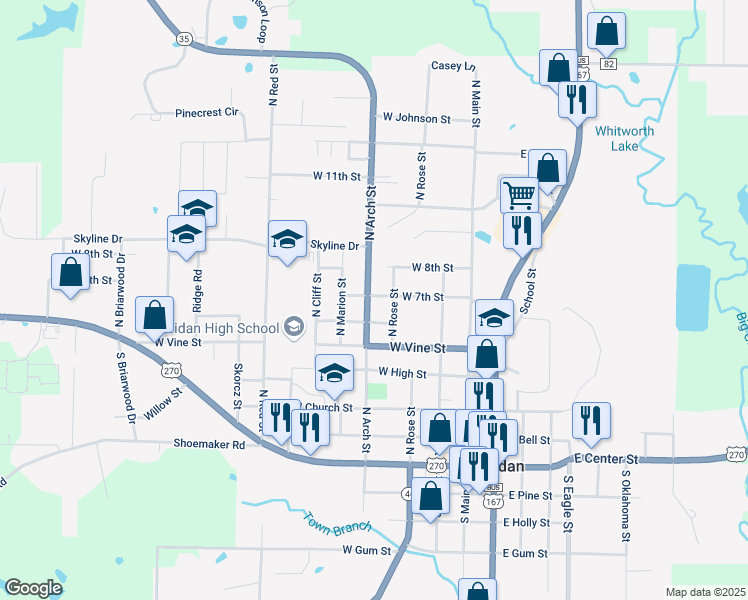 map of restaurants, bars, coffee shops, grocery stores, and more near 309 West 7th Street in Sheridan